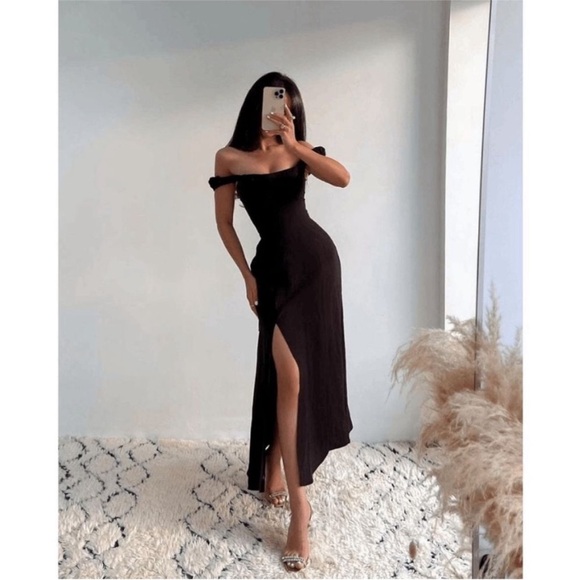 Zara Women's Black Linen Blend Midi Dress Square Neckline Flared Hem Size Medium - Picture 7 of 13